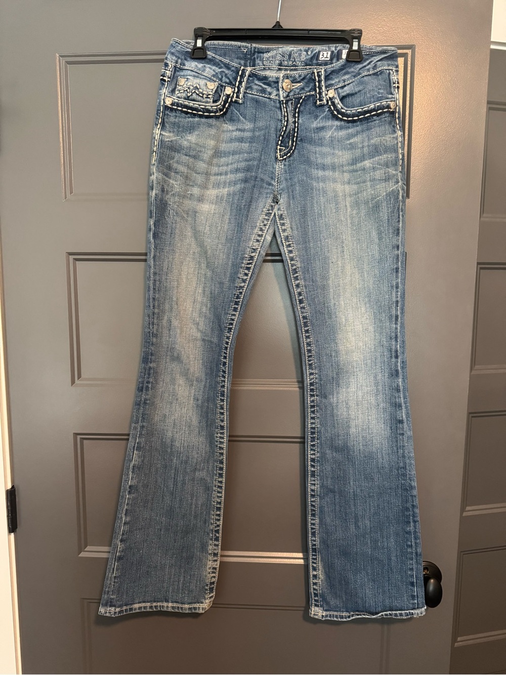 Miss Me Light Blue Flare Jeans with Contrast Stitching